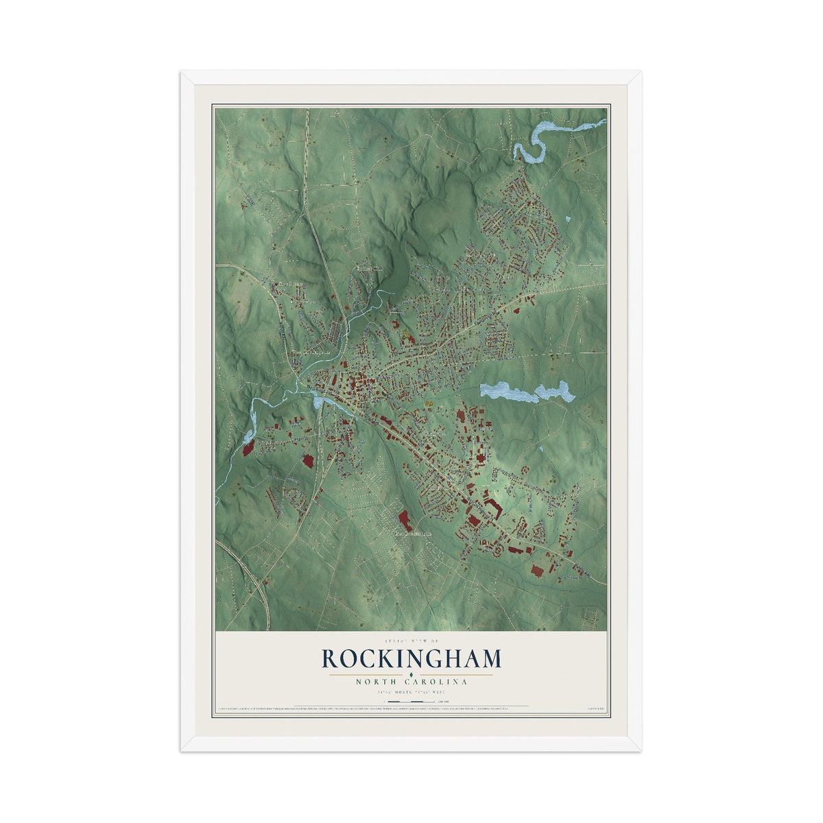 Map of Rockingham, North Carolina, 12 x 18 inch print in a white wood frame