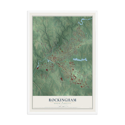 Map of Rockingham, North Carolina, 12 x 18 inch print in a white wood frame