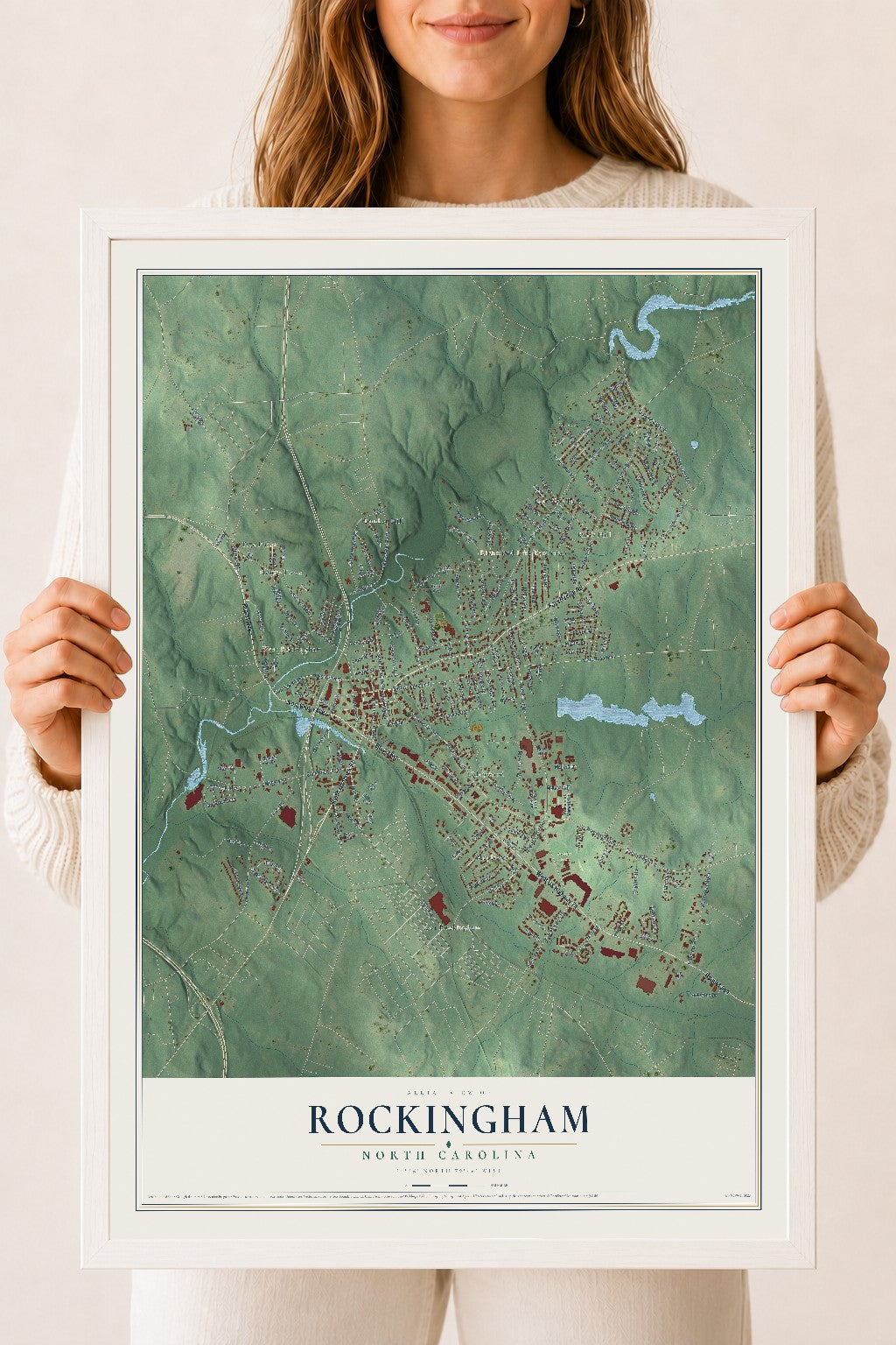 Map of Rockingham, North Carolina, 18 x 24 inch print in a white wood frame