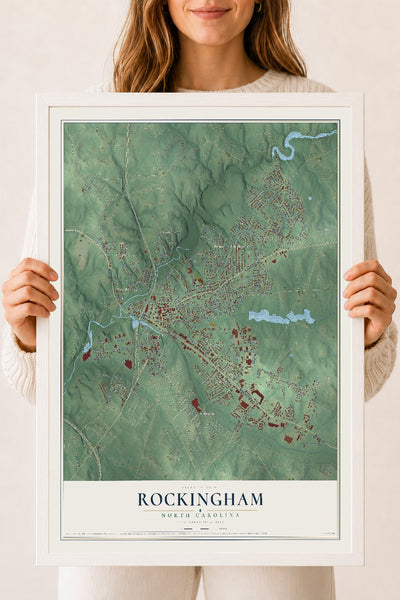 Map of Rockingham, North Carolina, 18 x 24 inch print in a white wood frame