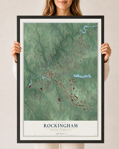 Map of Rockingham, North Carolina, 24 x 36 inch print in a black wood frame