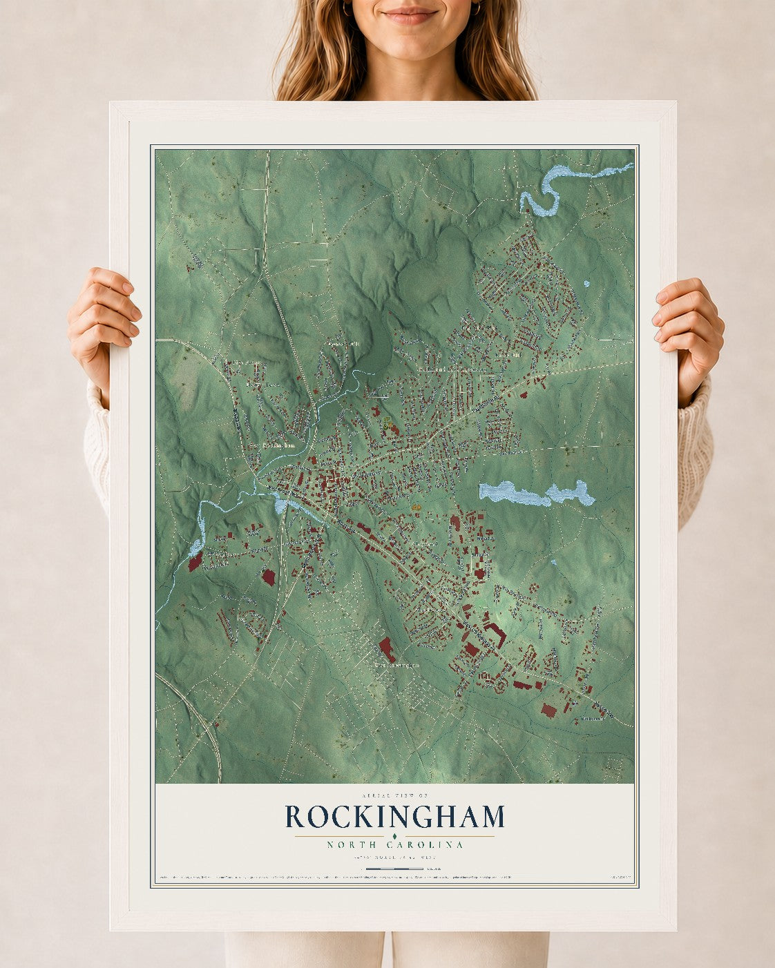 Map of Rockingham, North Carolina, 24 x 36 inch print in a white wood frame