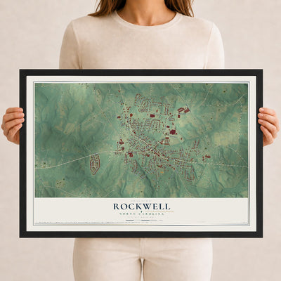 Map of Rockwell, North Carolina, 12 x 18 inch print in a black wood frame