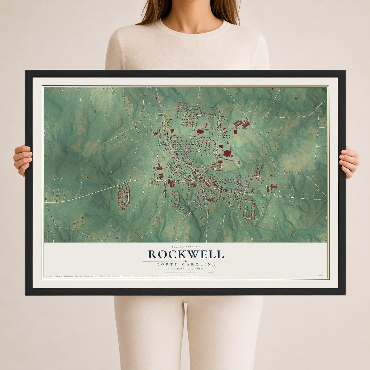 Map of Rockwell, North Carolina, 24 x 36 inch print in a black wood frame