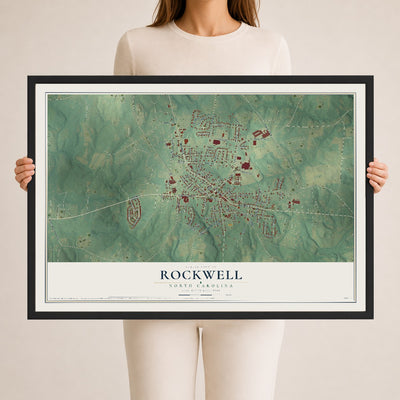 Map of Rockwell, North Carolina, 24 x 36 inch print in a black wood frame
