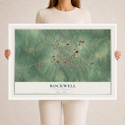 Map of Rockwell, North Carolina, 24 x 36 inch print in a white wood frame