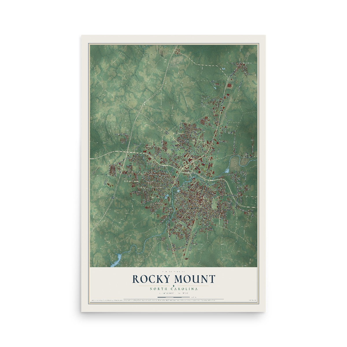 Map of Rocky Mount, North Carolina, 12 x 18 inch unframed archival matte print