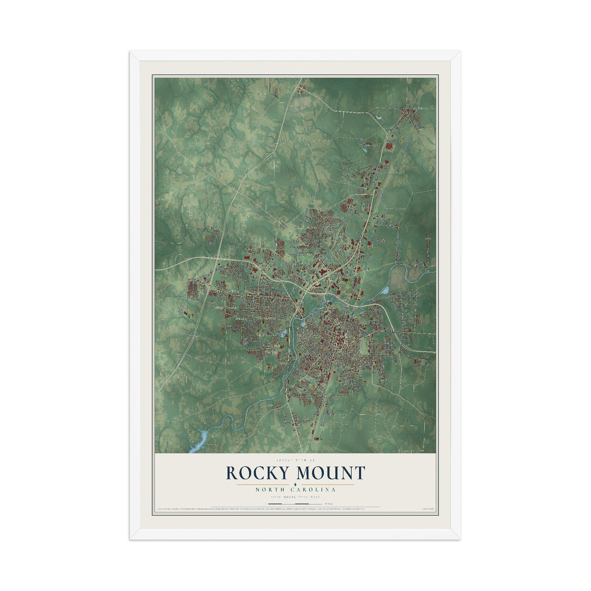 Map of Rocky Mount, North Carolina, 12 x 18 inch print in a white wood frame