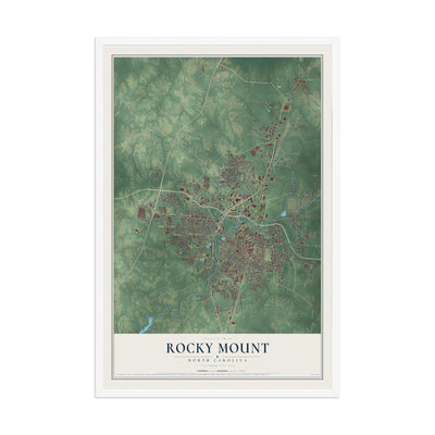 Map of Rocky Mount, North Carolina, 12 x 18 inch print in a white wood frame