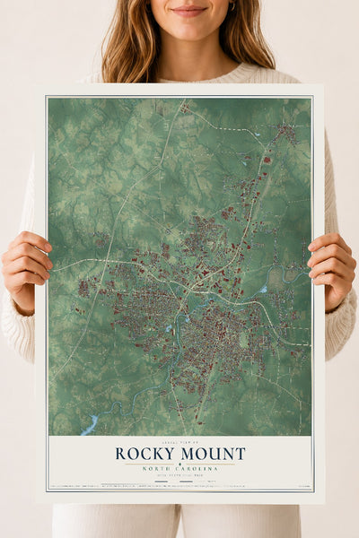 Map of Rocky Mount, North Carolina, 18 x 24 inch unframed archival matte print