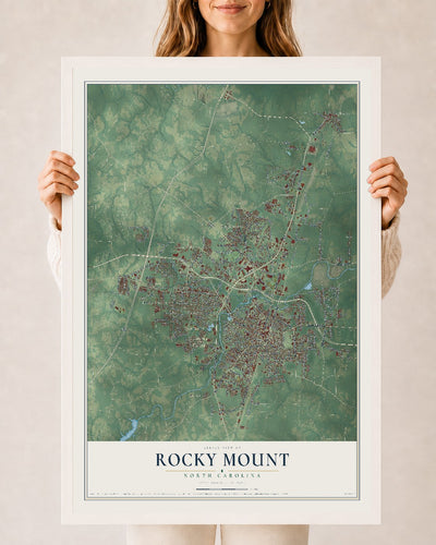 Map of Rocky Mount, North Carolina, 24 x 36 inch print in a white wood frame