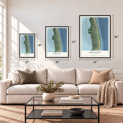 Rodanthe, North Carolina map in 12 x 18, 18 x 24 and 24 x 36 inch sizes above a sofa