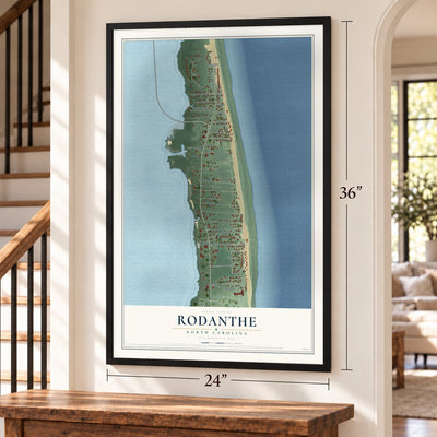 Rodanthe, North Carolina map, 24 x 36 inch print in a black frame by a staircase