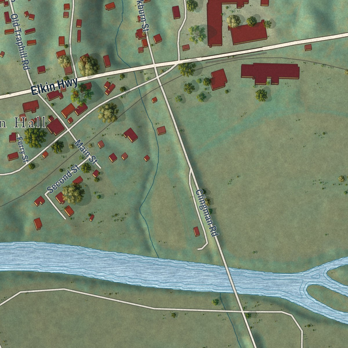 Close-up of the map of Ronda, North Carolina print showing street and building detail