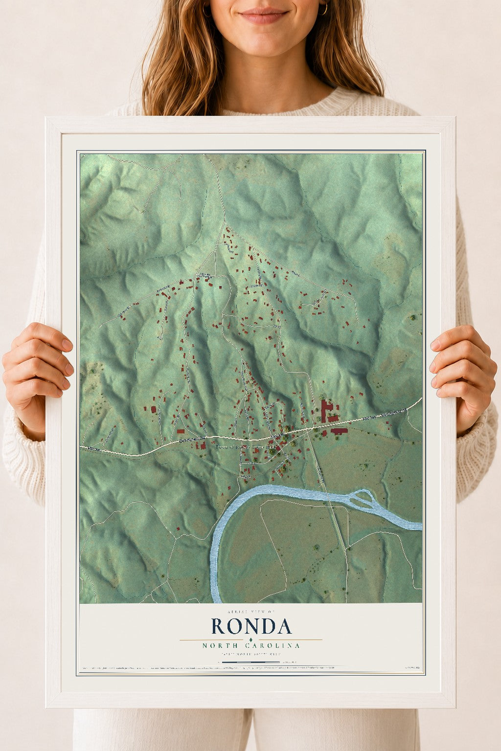 Map of Ronda, North Carolina, 18 x 24 inch print in a white wood frame