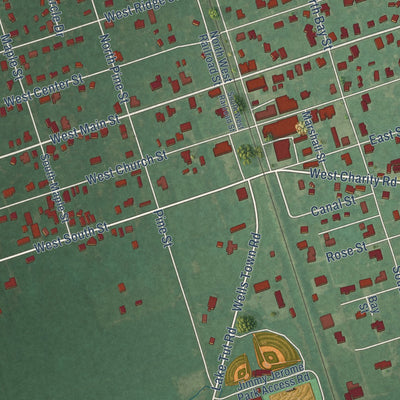 Close-up of the map of Rose Hill, North Carolina print showing street and building detail