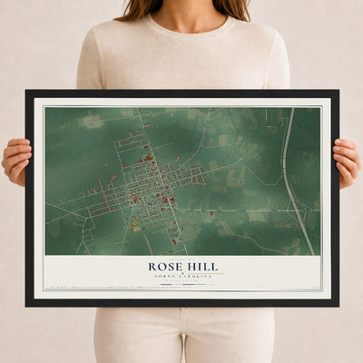 Map of Rose Hill, North Carolina, 12 x 18 inch print in a black wood frame