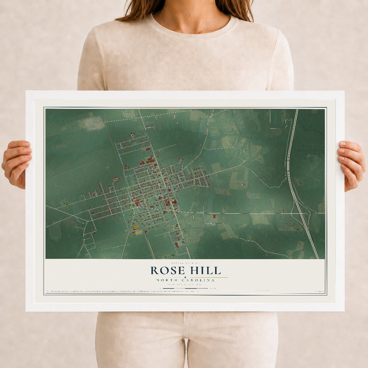 Map of Rose Hill, North Carolina, 12 x 18 inch print in a white wood frame