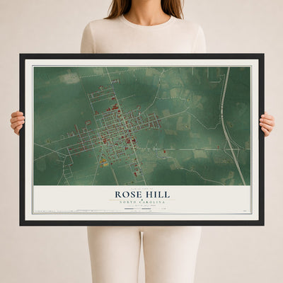 Map of Rose Hill, North Carolina, 24 x 36 inch print in a black wood frame