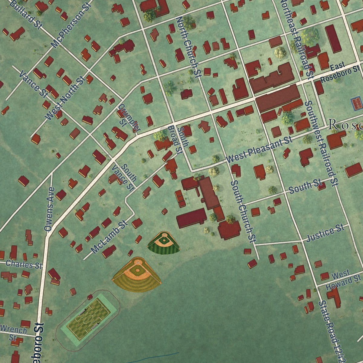 Close-up of the map of Roseboro, North Carolina print showing street and building detail