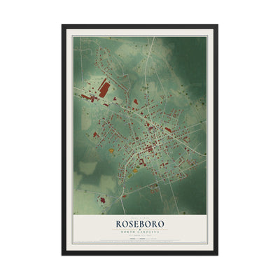 Map of Roseboro, North Carolina, 12 x 18 inch print in a black wood frame