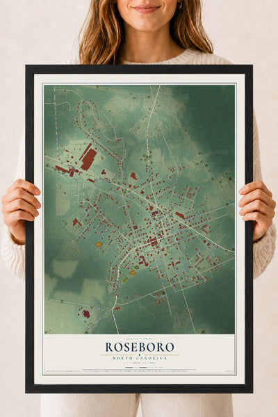 Map of Roseboro, North Carolina, 18 x 24 inch print in a black wood frame