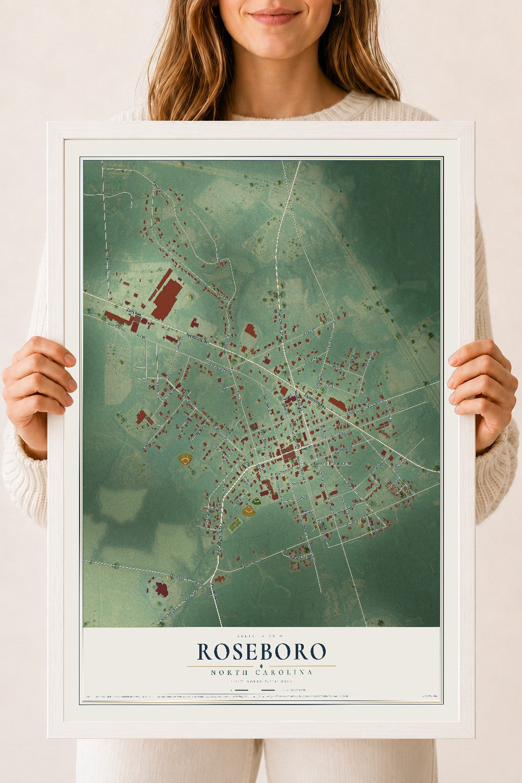 Map of Roseboro, North Carolina, 18 x 24 inch print in a white wood frame