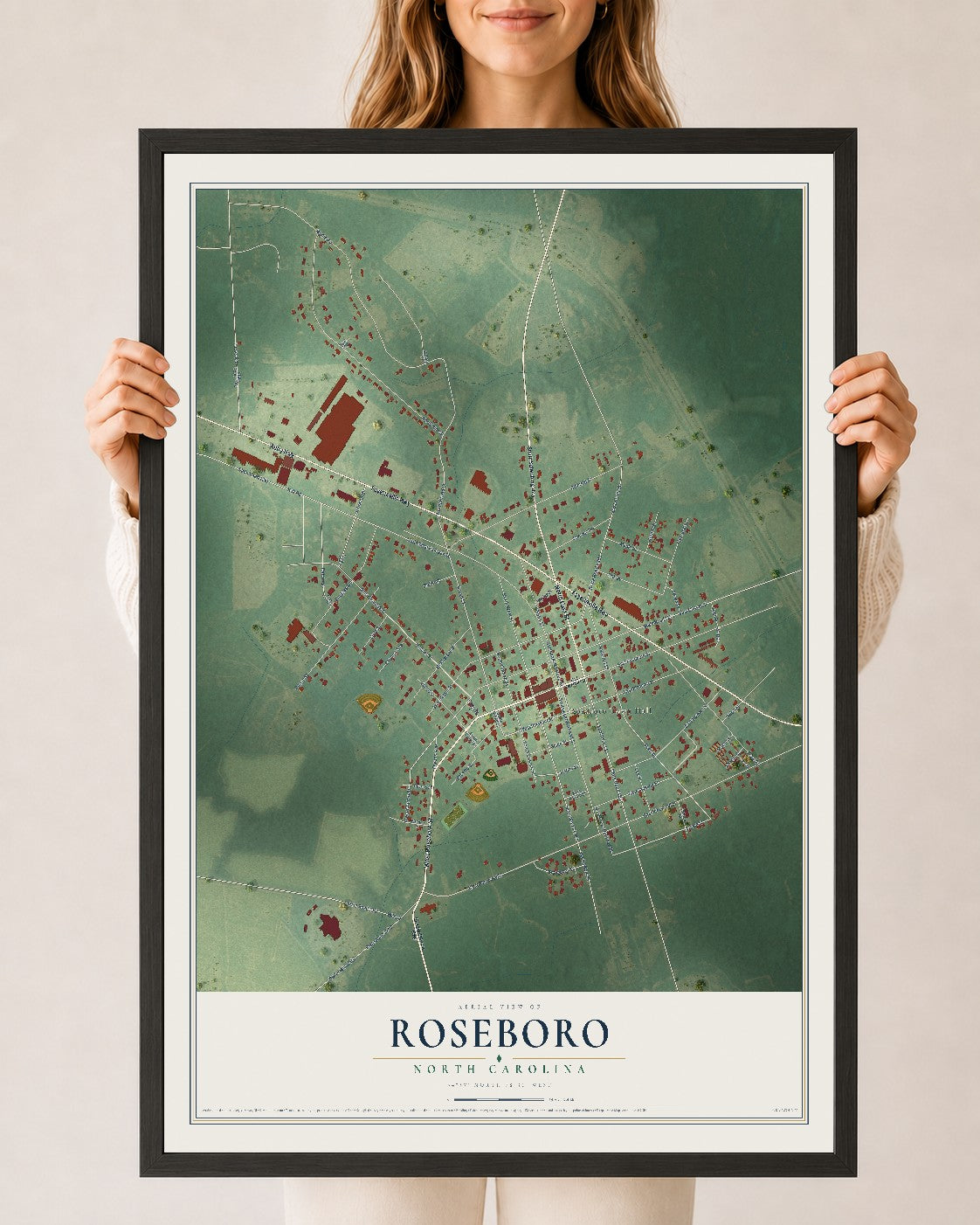 Map of Roseboro, North Carolina, 24 x 36 inch print in a black wood frame