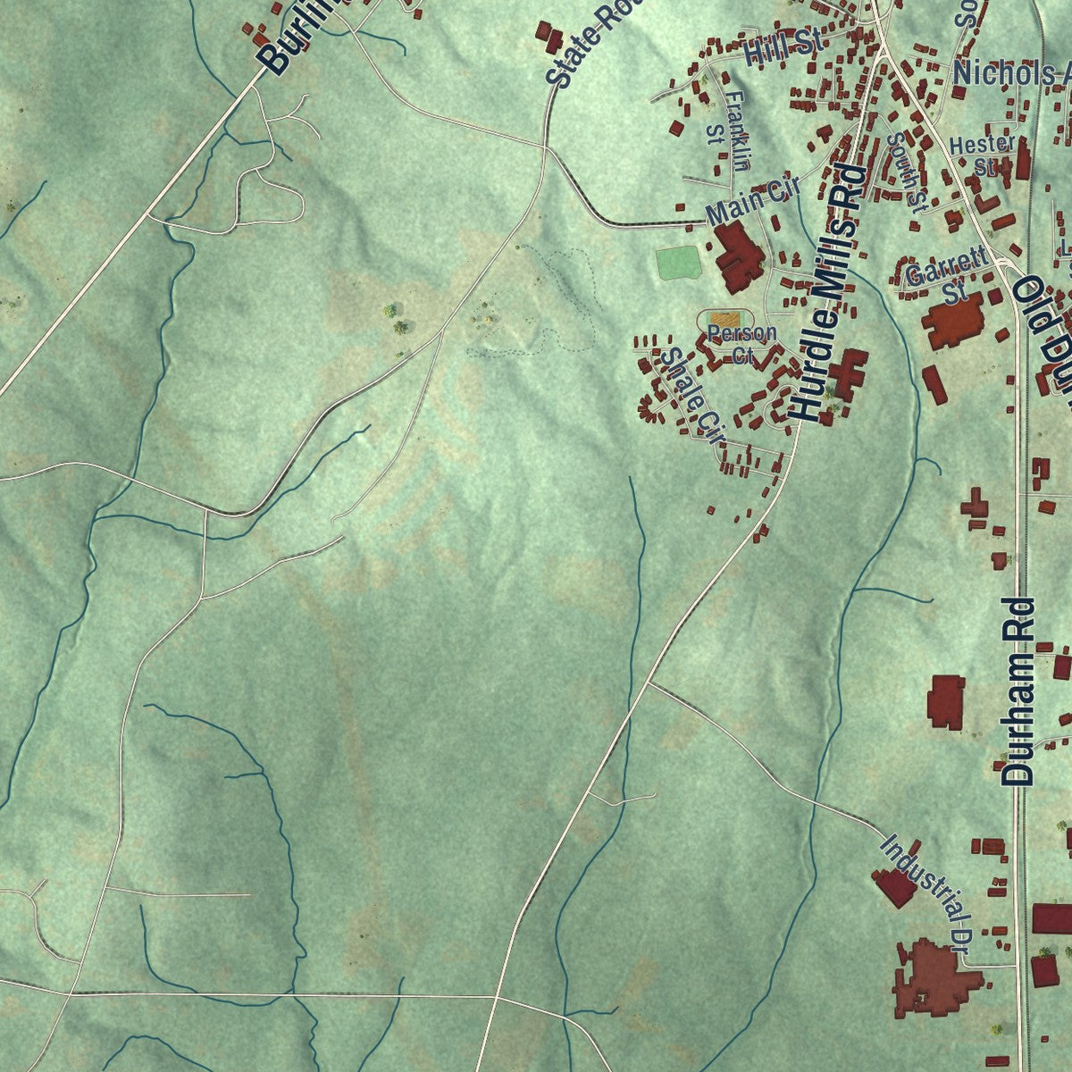 Second close-up of the map of Roxboro, North Carolina print showing more streets and buildings