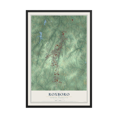 Map of Roxboro, North Carolina, 12 x 18 inch print in a black wood frame