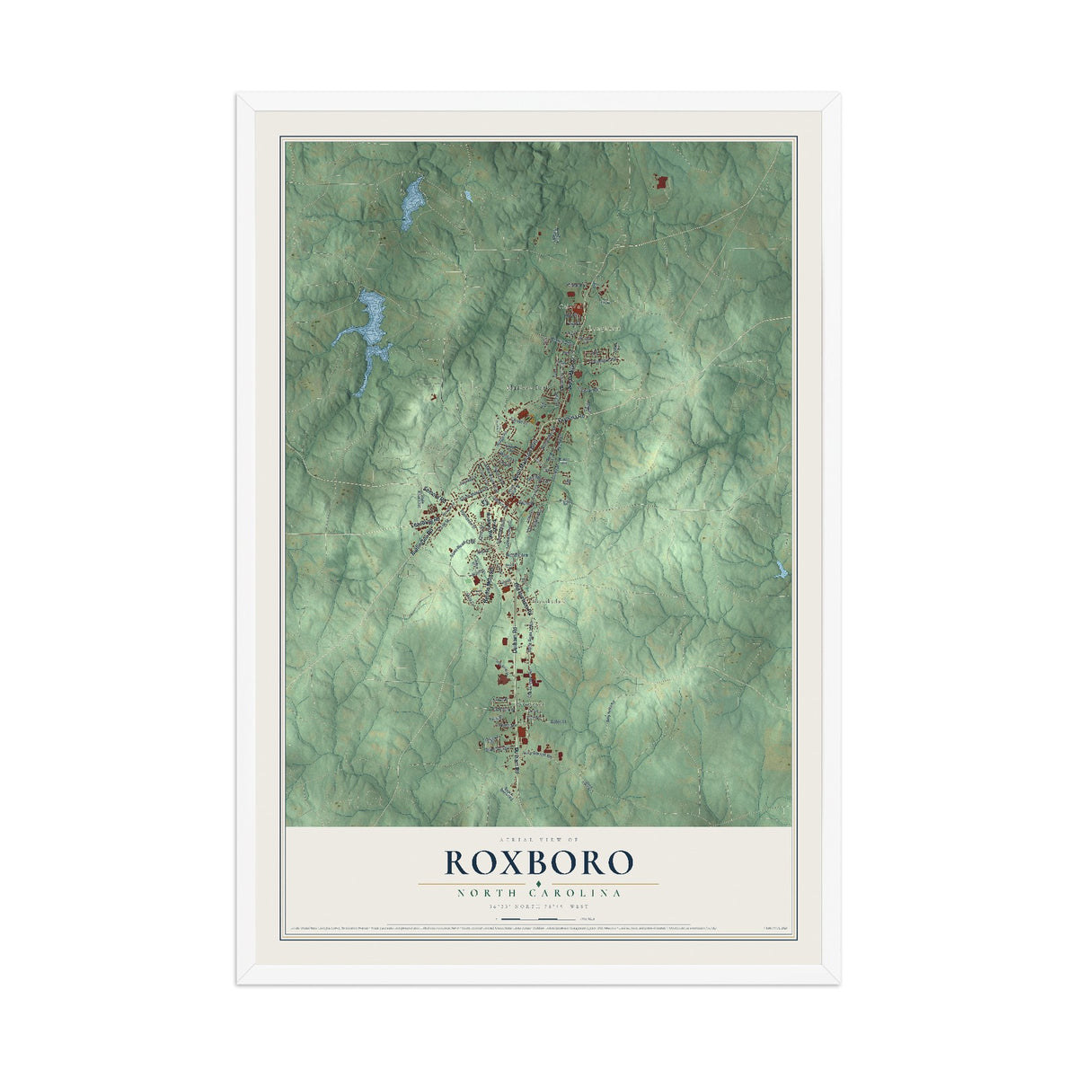 Map of Roxboro, North Carolina, 12 x 18 inch print in a white wood frame