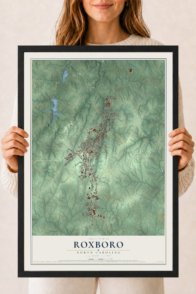 Map of Roxboro, North Carolina, 18 x 24 inch print in a black wood frame