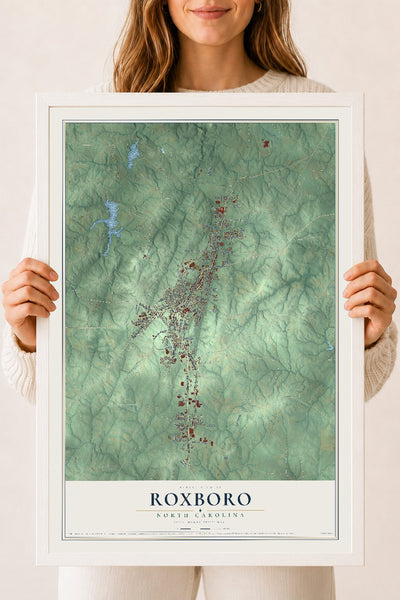 Map of Roxboro, North Carolina, 18 x 24 inch print in a white wood frame