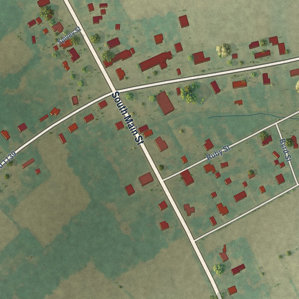 Close-up of the map of Roxobel, North Carolina print showing street and building detail
