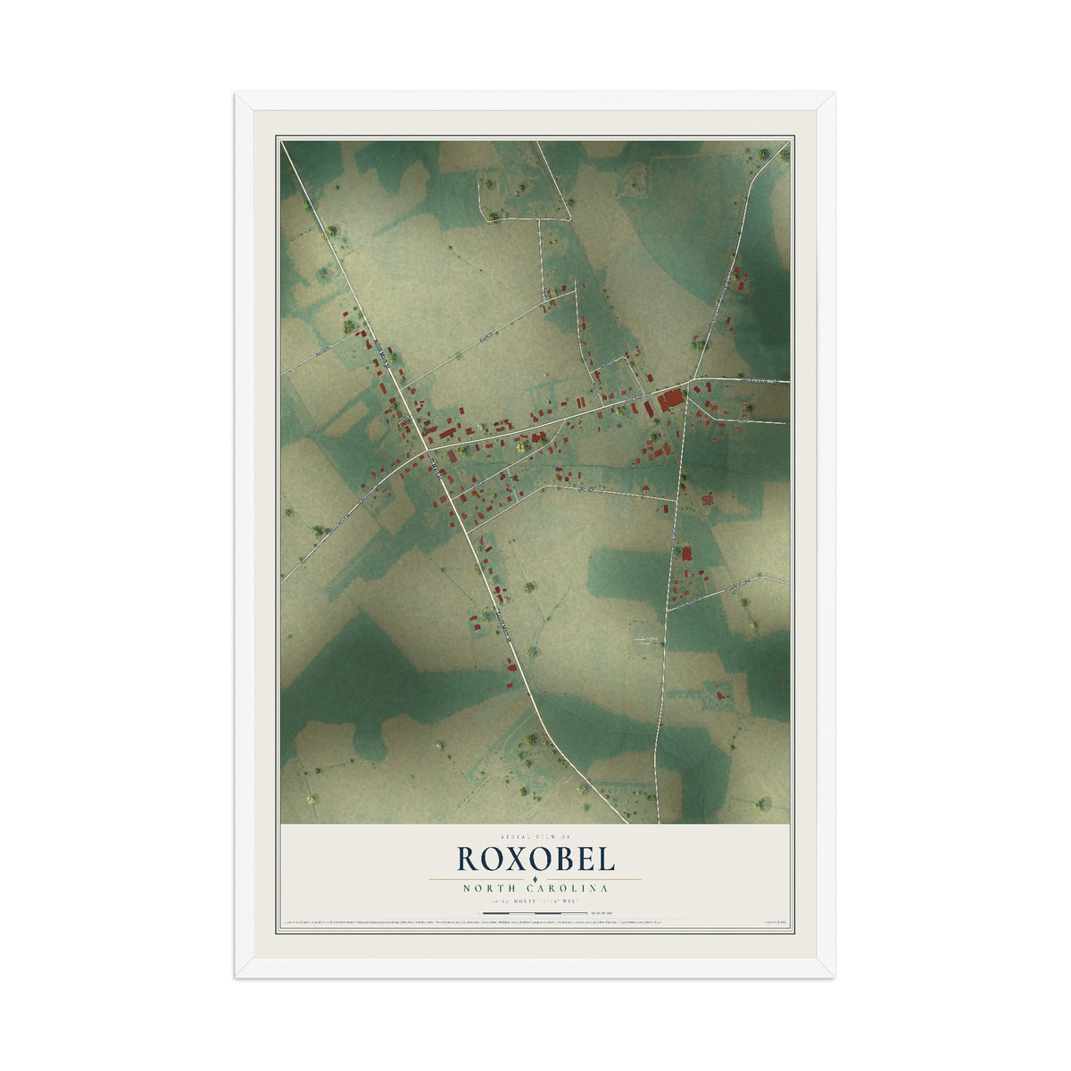 Map of Roxobel, North Carolina, 12 x 18 inch print in a white wood frame