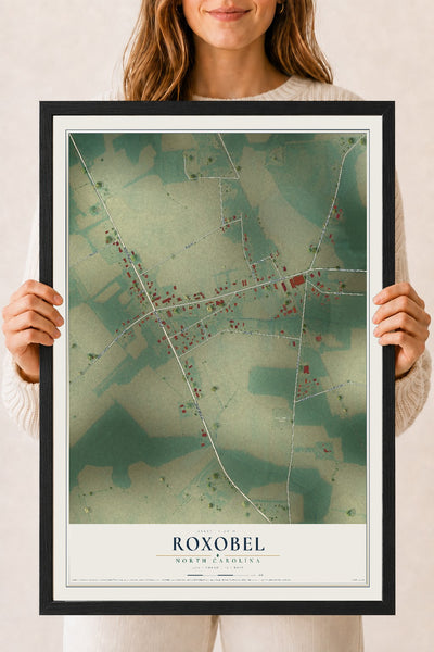 Map of Roxobel, North Carolina, 18 x 24 inch print in a black wood frame