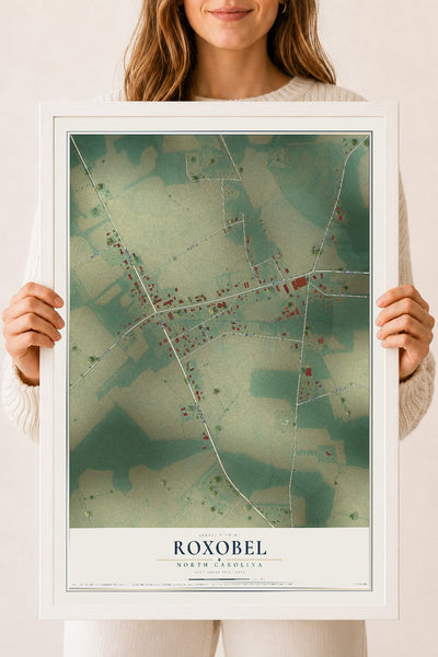 Map of Roxobel, North Carolina, 18 x 24 inch print in a white wood frame