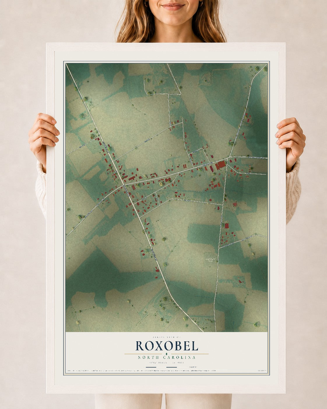 Map of Roxobel, North Carolina, 24 x 36 inch print in a white wood frame