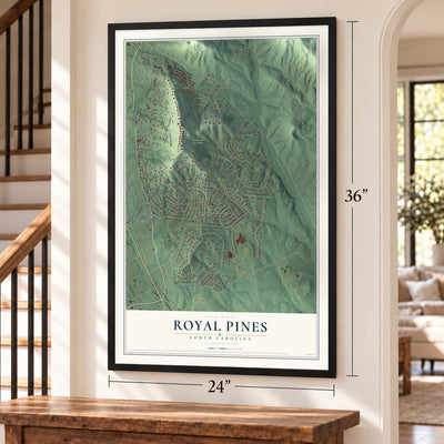 Royal Pines, North Carolina map, 24 x 36 inch print in a black frame by a staircase