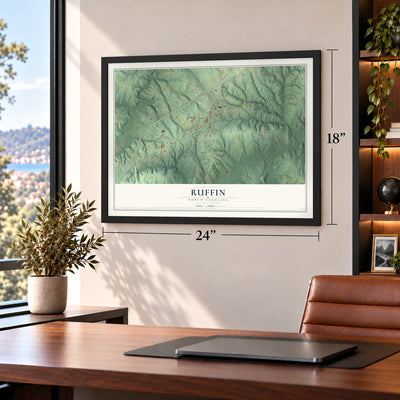 Ruffin, North Carolina map, 18 x 24 inch print in a black frame in a home office