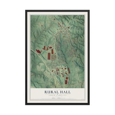 Map of Rural Hall, North Carolina, 12 x 18 inch print in a black wood frame