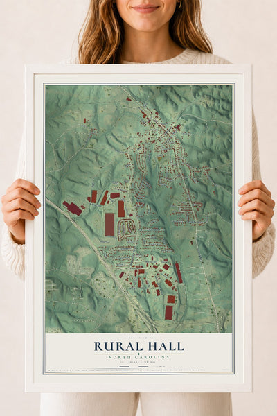 Map of Rural Hall, North Carolina, 18 x 24 inch print in a white wood frame