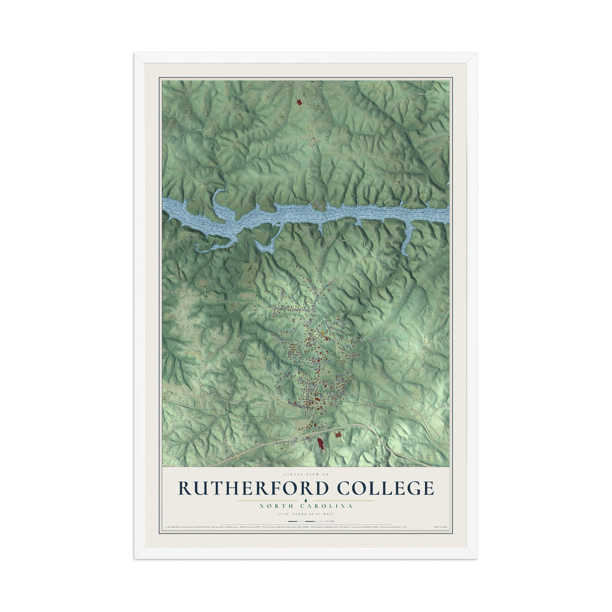 Map of Rutherford College, North Carolina, 12 x 18 inch print in a white wood frame