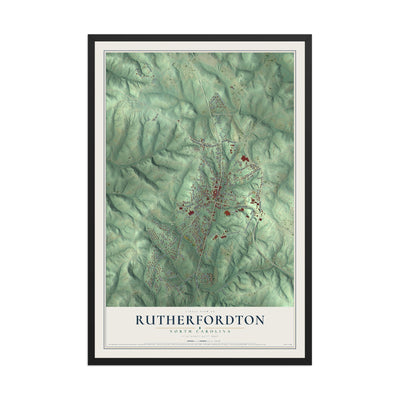 Map of Rutherfordton, North Carolina, 12 x 18 inch print in a black wood frame