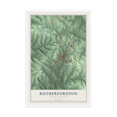 Map of Rutherfordton, North Carolina, 12 x 18 inch print in a white wood frame