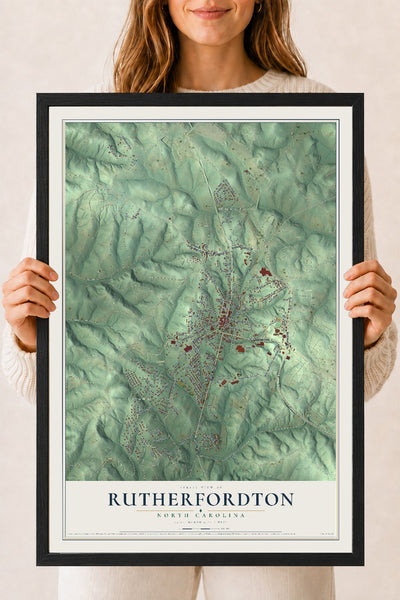 Map of Rutherfordton, North Carolina, 18 x 24 inch print in a black wood frame