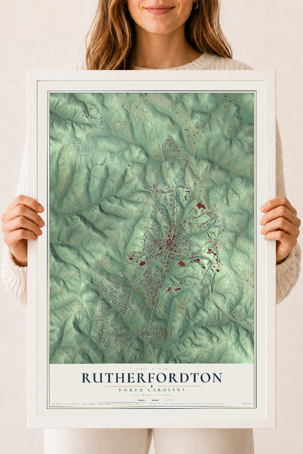 Map of Rutherfordton, North Carolina, 18 x 24 inch print in a white wood frame