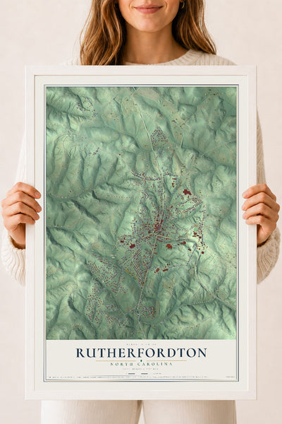 Map of Rutherfordton, North Carolina, 18 x 24 inch print in a white wood frame