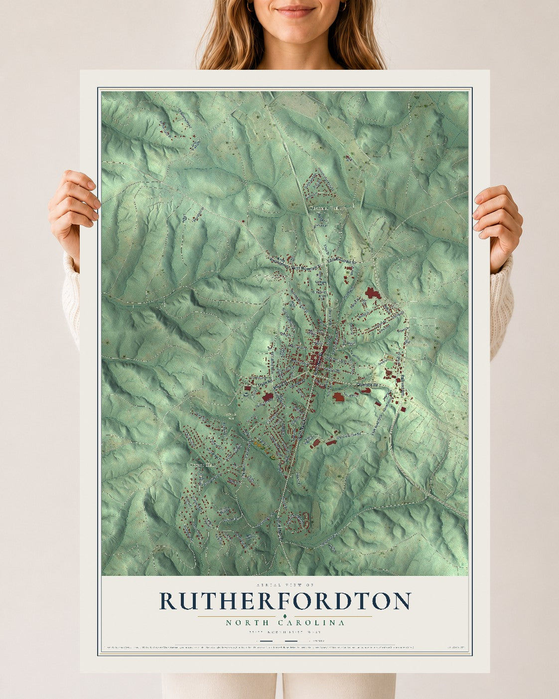 Map of Rutherfordton, North Carolina, 24 x 36 inch unframed archival matte print