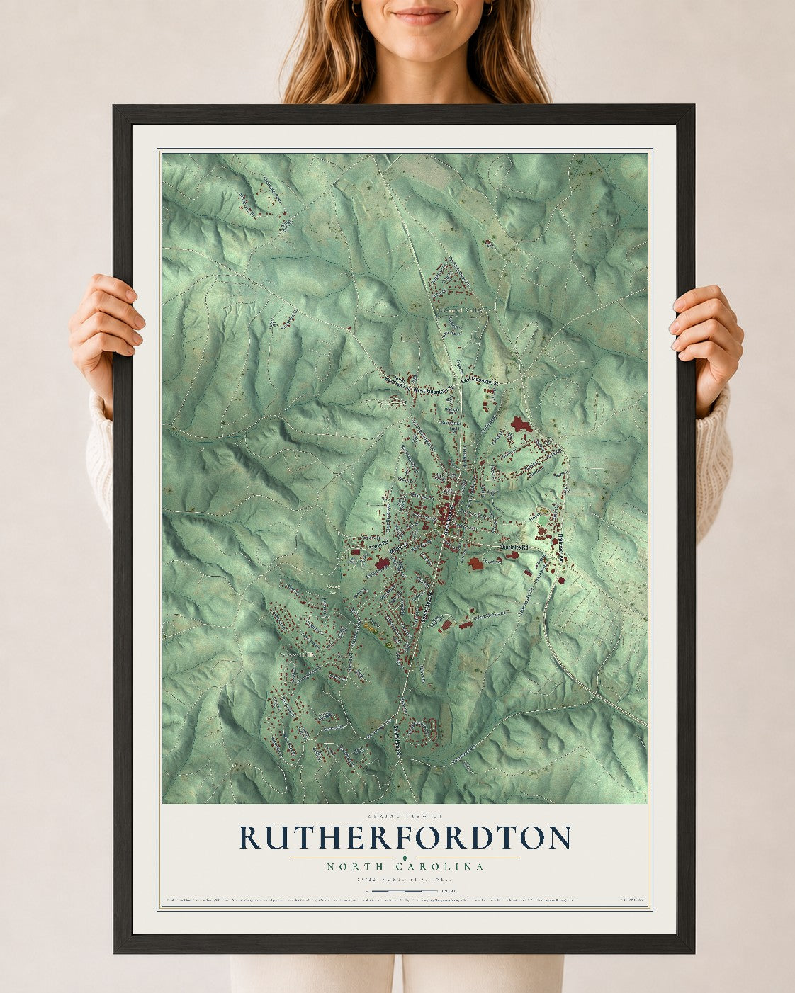 Map of Rutherfordton, North Carolina, 24 x 36 inch print in a black wood frame